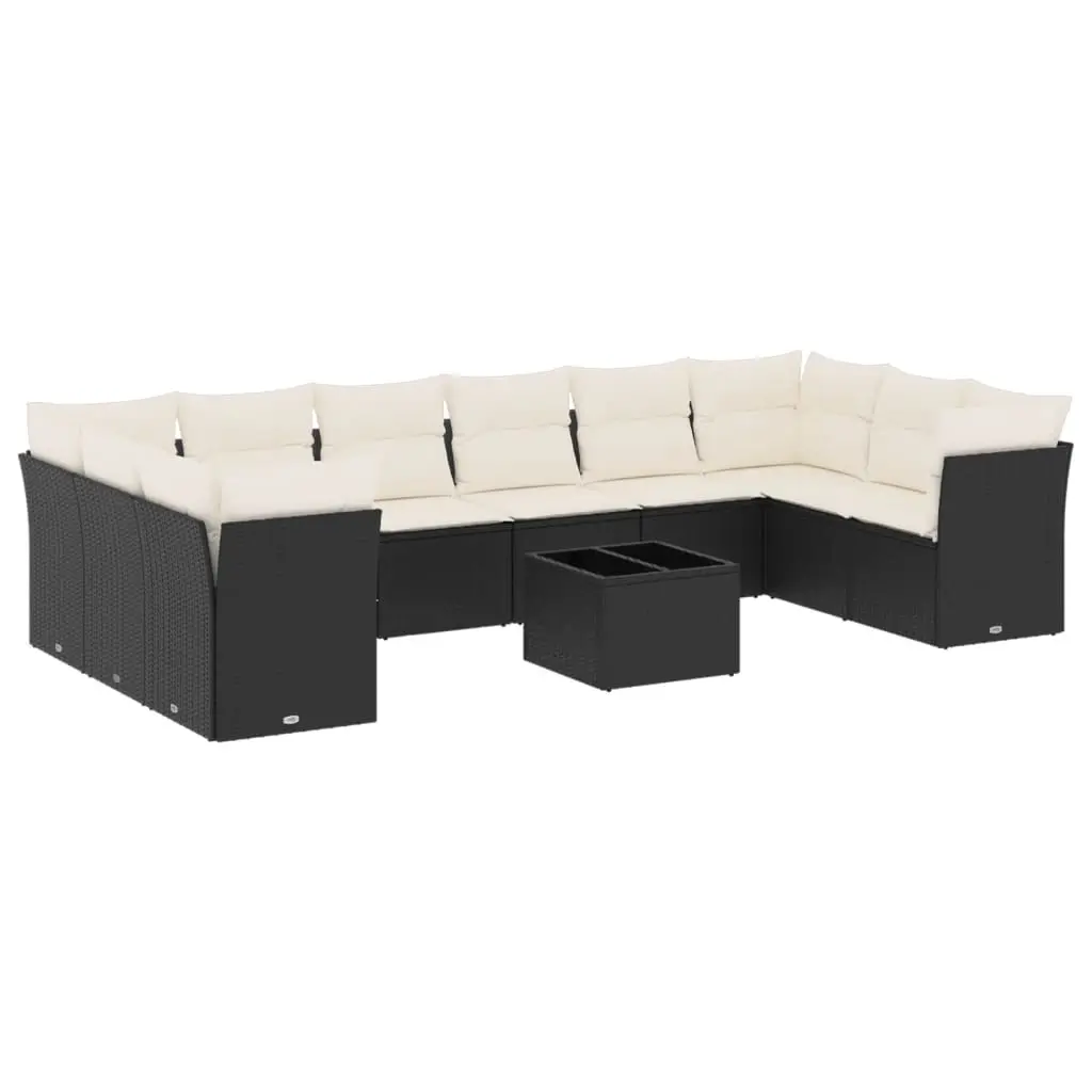 11 Piece Garden Sofa Set with Cushions Black Poly Rattan 3218206 - Furniture