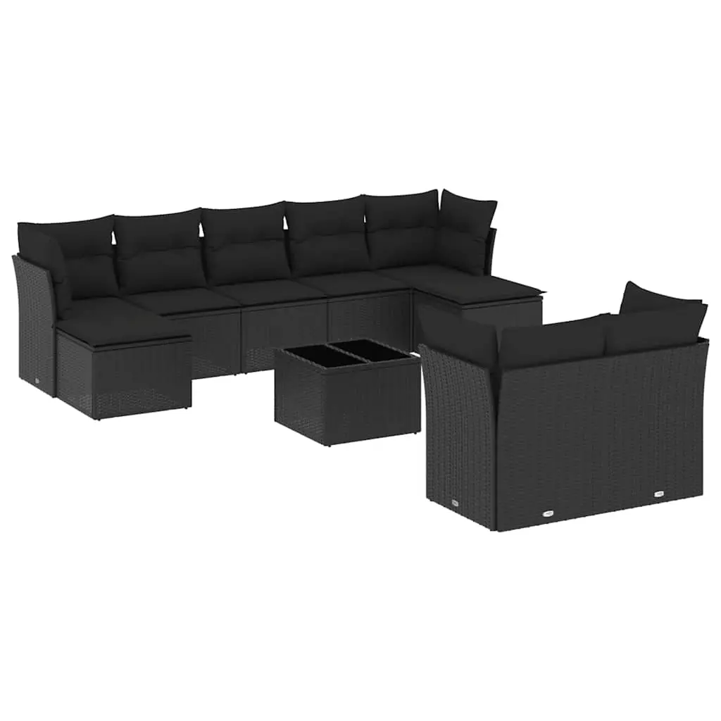 10 Piece Garden Sofa Set with Cushions Black Poly Rattan 3218315 - Furniture