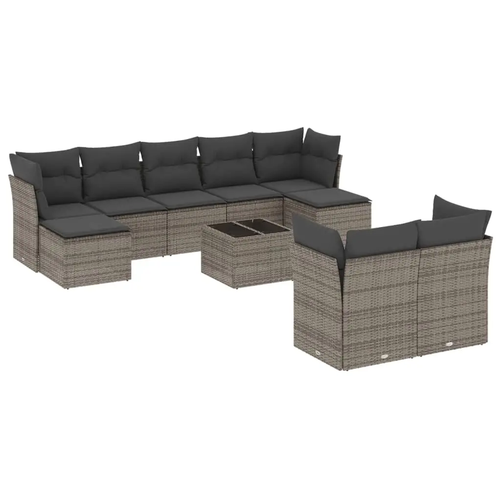 10 Piece Garden Sofa Set with Cushions Grey Poly Rattan 3218320 - Furniture