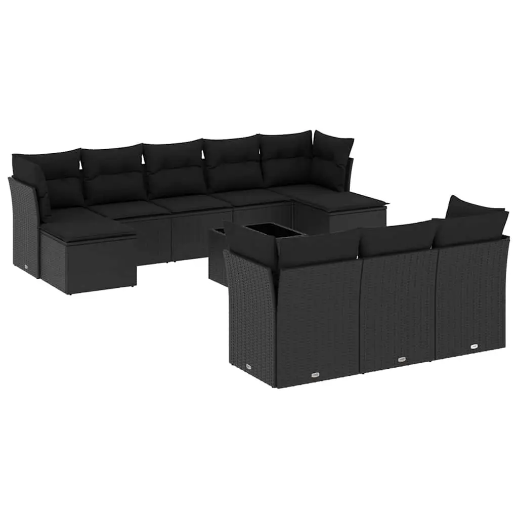 11 Piece Garden Sofa Set with Cushions Black Poly Rattan 3218335 - Furniture