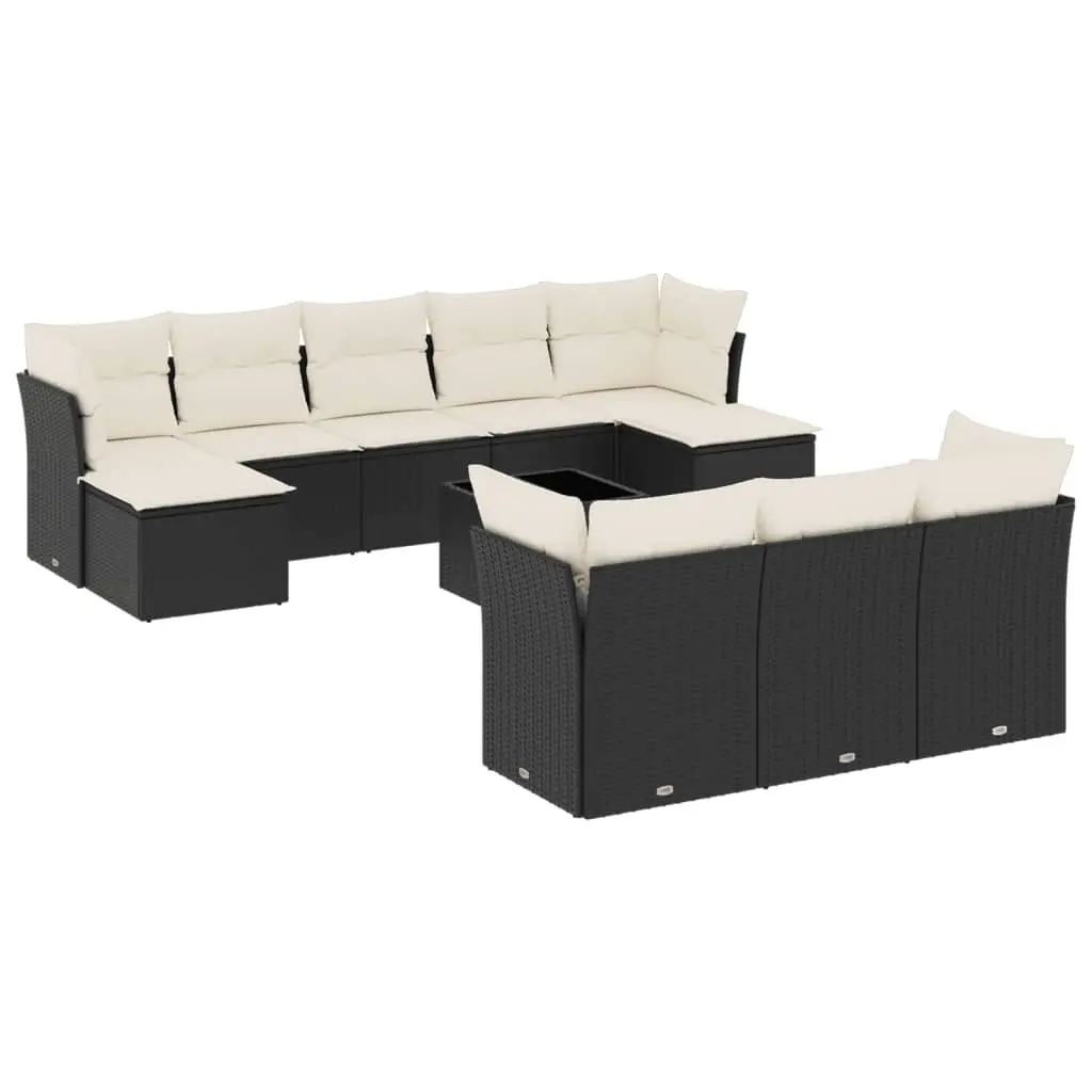 11 Piece Garden Sofa Set with Cushions Black Poly Rattan 3218336 - Furniture
