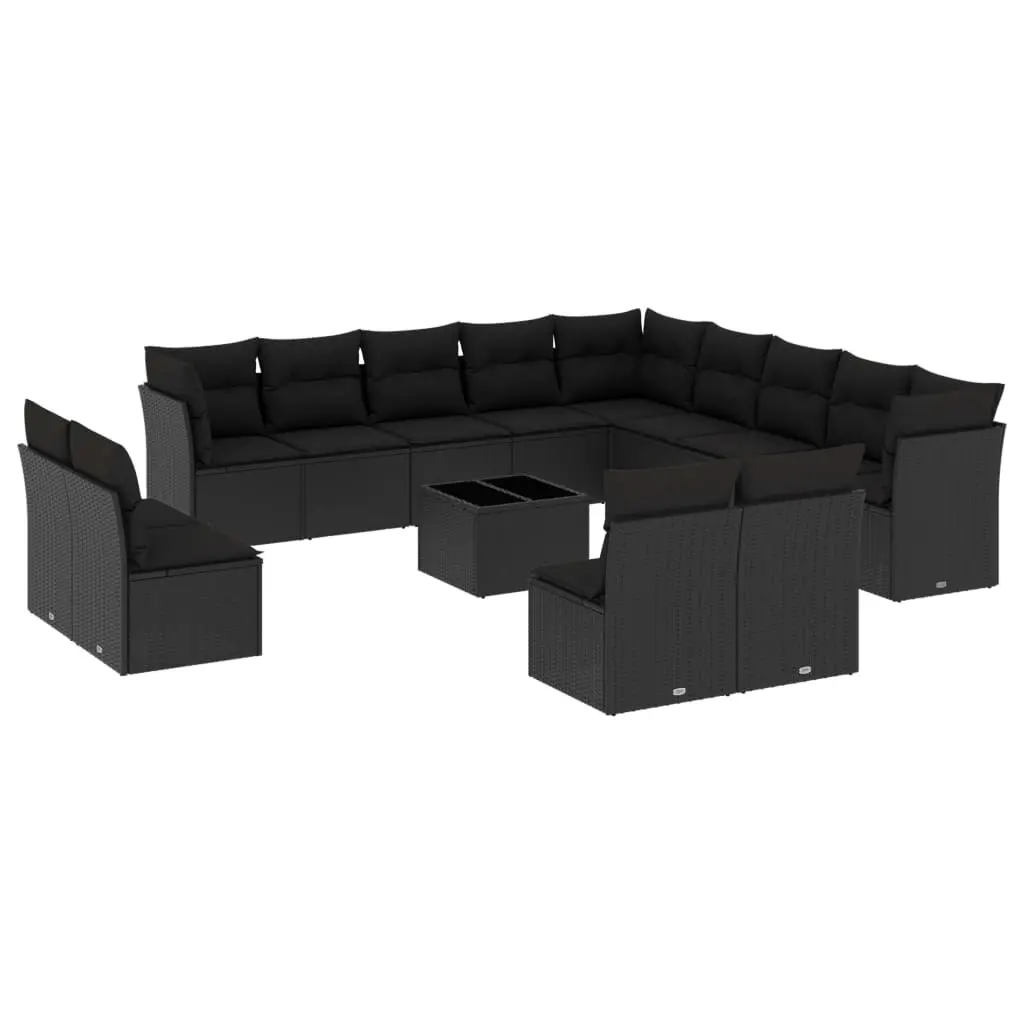 14 Piece Garden Sofa Set with Cushions Black Poly Rattan 3218495 - Furniture