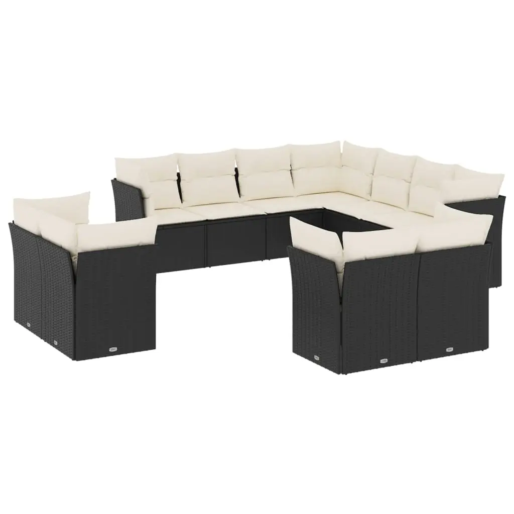 11 Piece Garden Sofa Set with Cushions Black Poly Rattan 3218506 - Furniture
