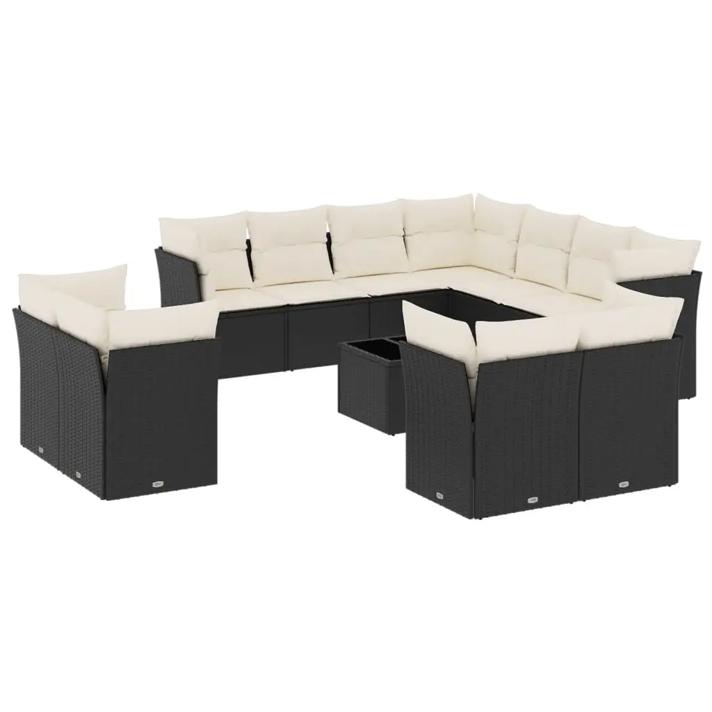 12 Piece Garden Sofa Set with Cushions Black Poly Rattan 3218516 - Furniture
