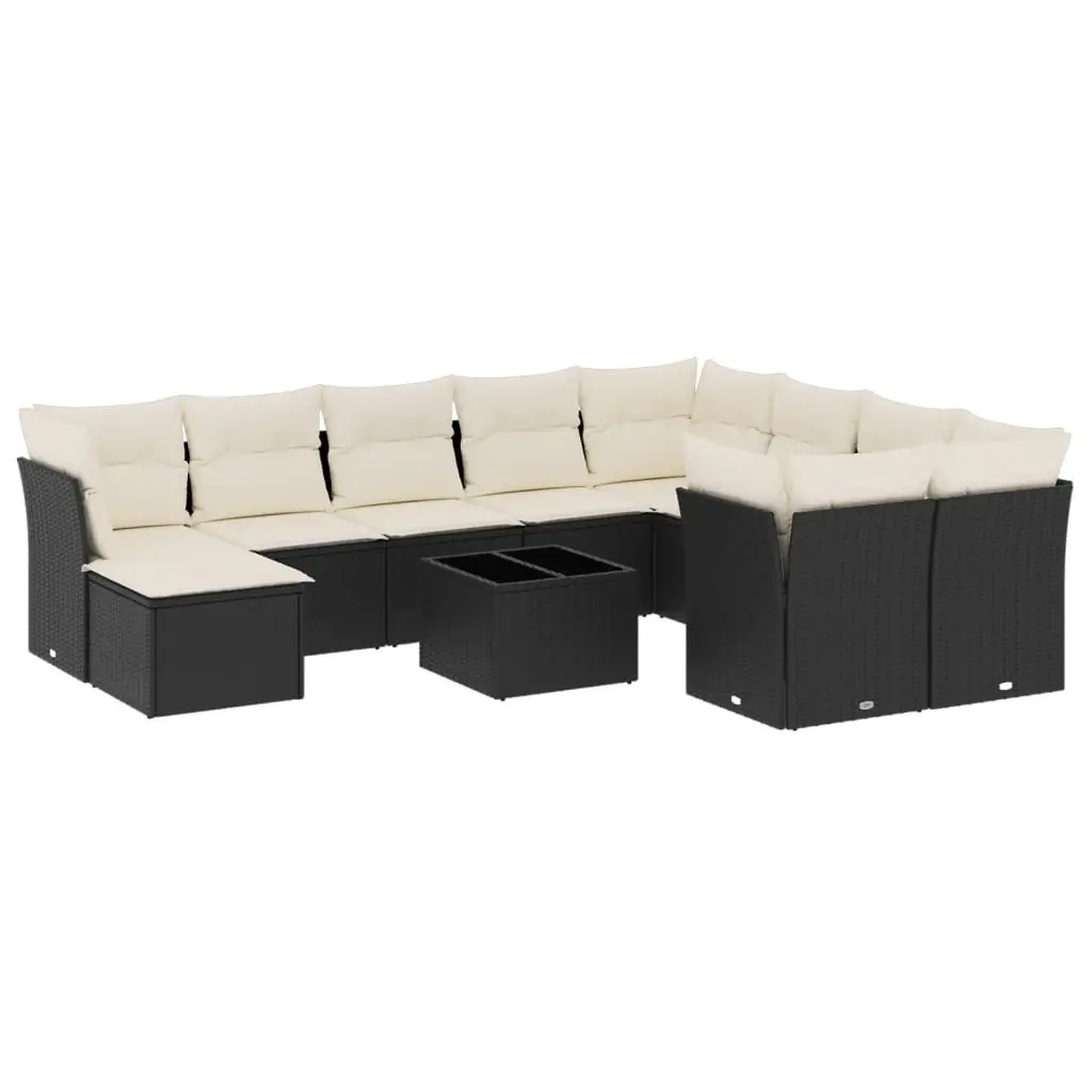 11 Piece Garden Sofa Set with Cushions Black Poly Rattan 3218596 - Furniture