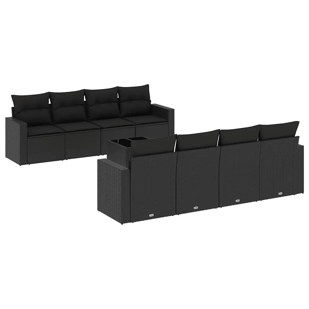 9 Piece Garden Sofa Set with Cushions Black Poly Rattan 3218735 - Furniture