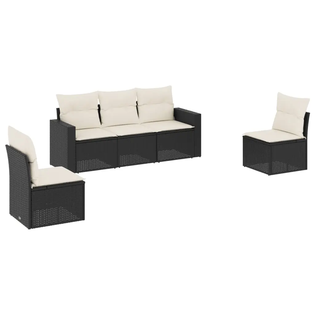 5 Piece Garden Sofa Set with Cushions Black Poly Rattan 3218776 - Furniture