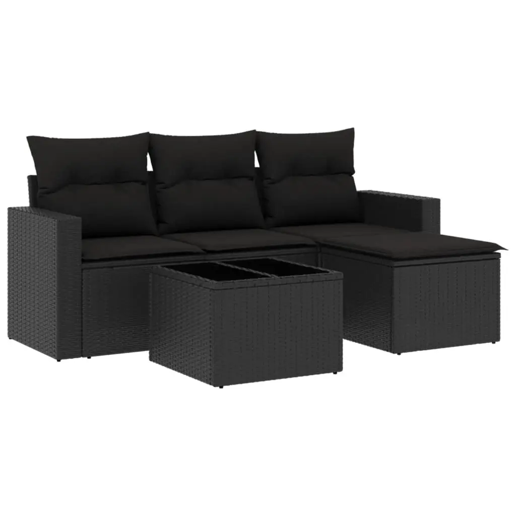 5 Piece Garden Sofa Set with Cushions Black Poly Rattan 3218865 - Furniture