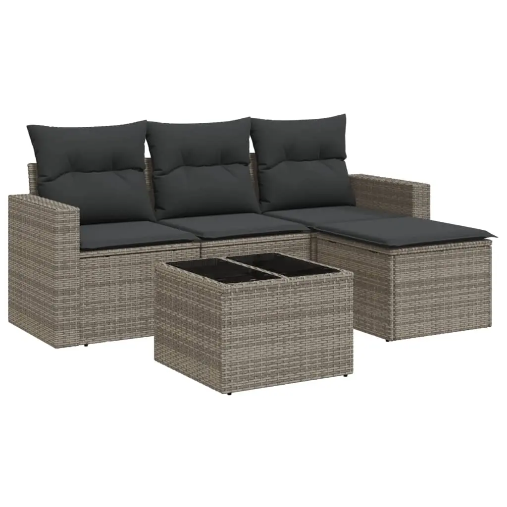 5 Piece Garden Sofa Set with Cushions Grey Poly Rattan 3218870 - Furniture