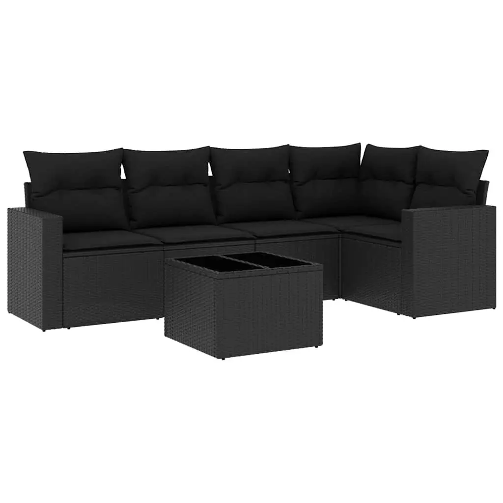 6 Piece Garden Sofa Set with Cushions Black Poly Rattan 3218925 - Furniture