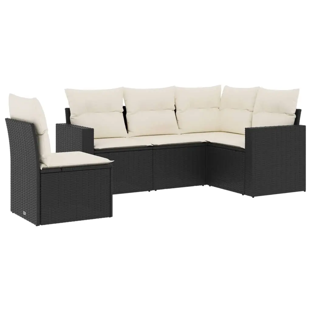 5 Piece Garden Sofa Set with Cushions Black Poly Rattan 3218956 - Furniture