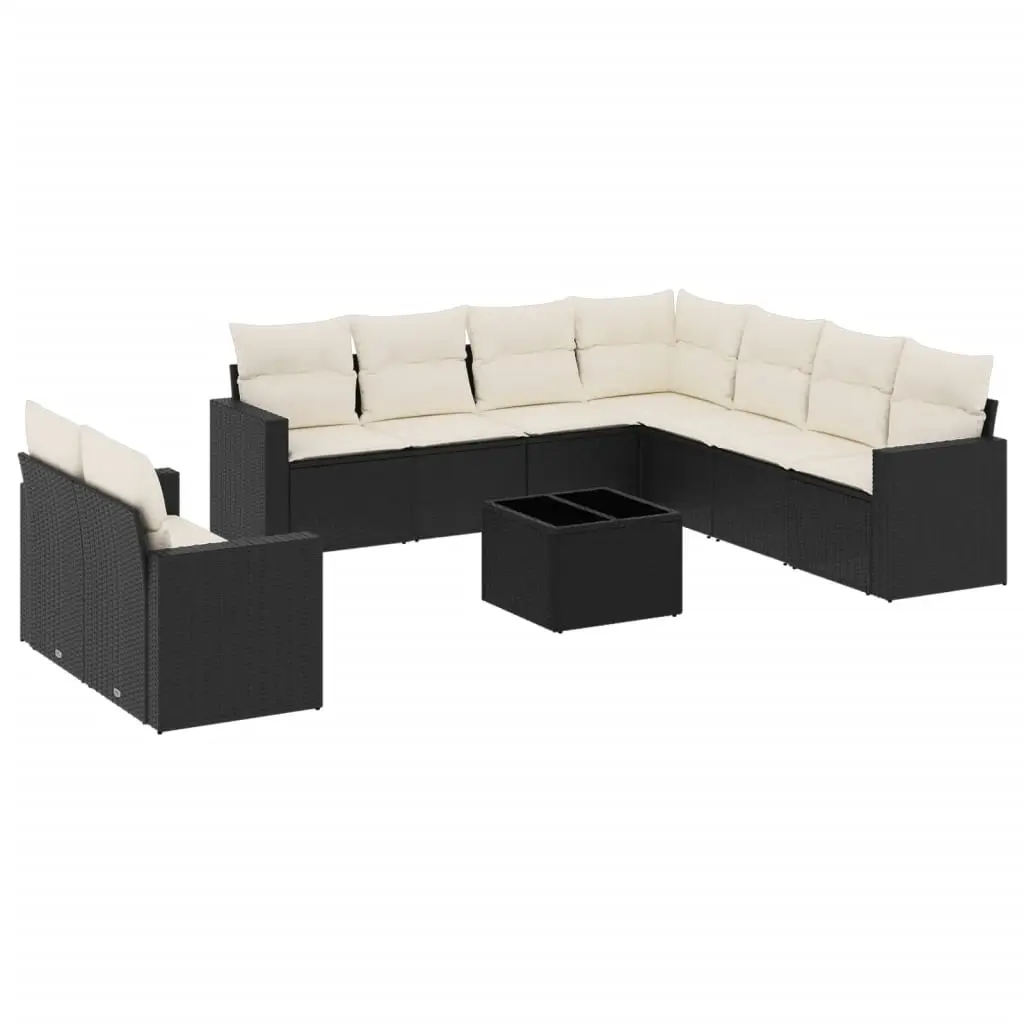 10 Piece Garden Sofa Set with Cushions Black Poly Rattan 3219146 - Furniture