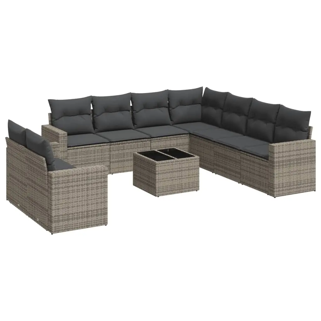 10 Piece Garden Sofa Set with Cushions Grey Poly Rattan 3219150 - Furniture