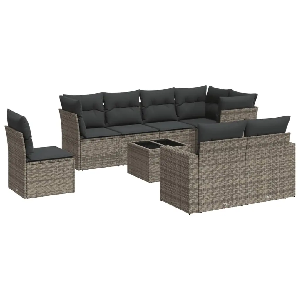 9 Piece Garden Sofa Set with Cushions Grey Poly Rattan 3219240 - Furniture