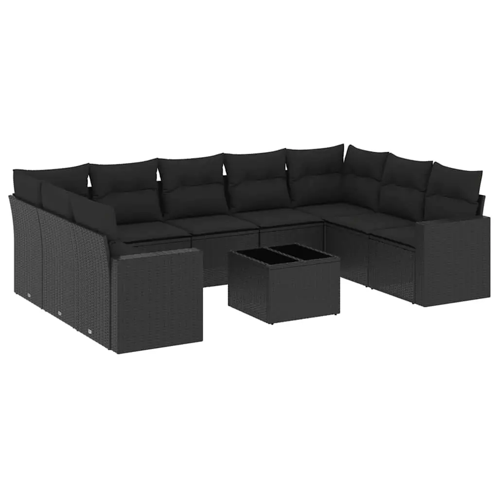 10 Piece Garden Sofa Set with Cushions Black Poly Rattan 3219395 - Furniture
