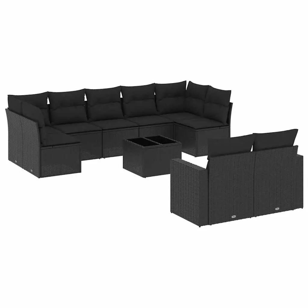 10 Piece Garden Sofa Set with Cushions Black Poly Rattan 3219415 - Furniture