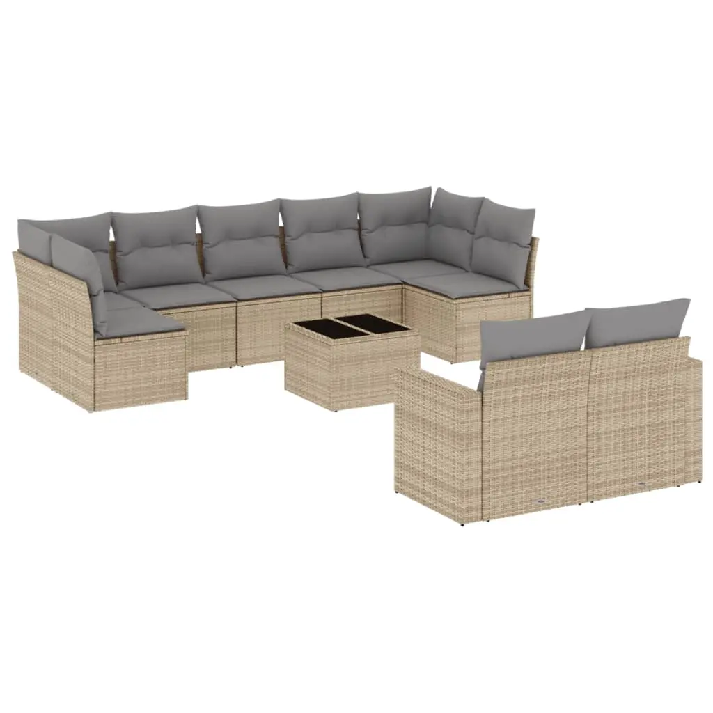 10 Piece Garden Sofa Set with Cushions Beige Poly Rattan 3219419 - Furniture