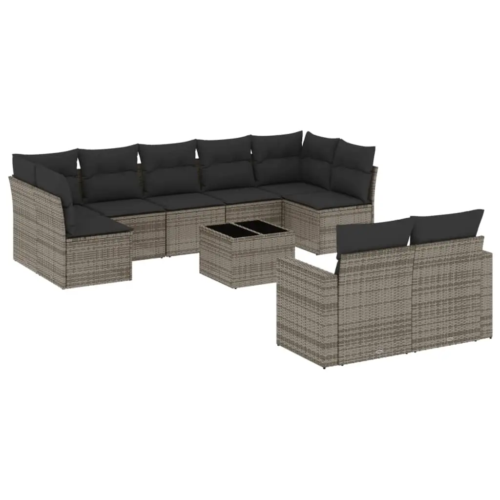10 Piece Garden Sofa Set with Cushions Grey Poly Rattan 3219420 - Furniture