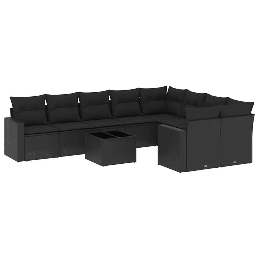 10 Piece Garden Sofa Set with Cushions Black Poly Rattan 3219435 - Furniture
