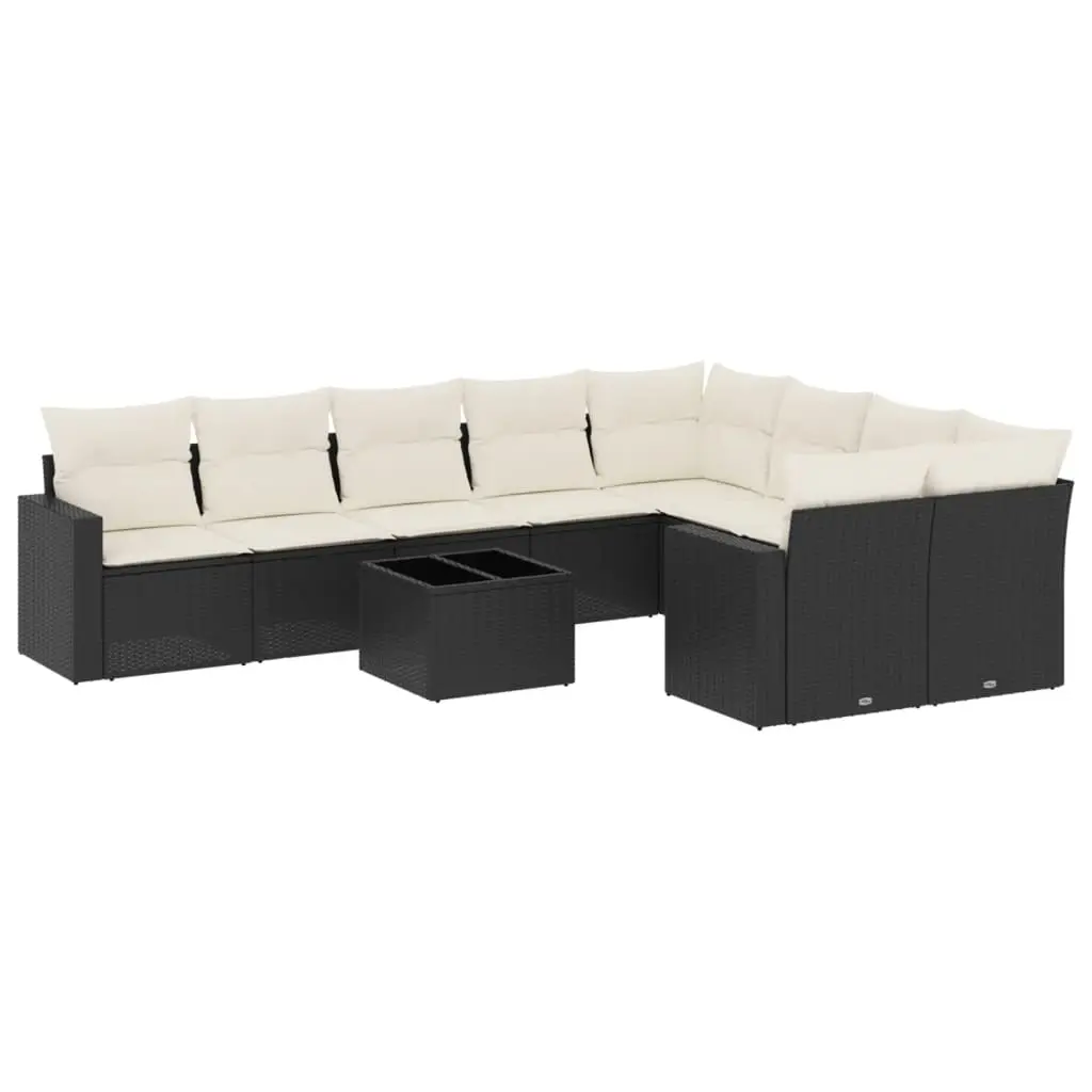 10 Piece Garden Sofa Set with Cushions Black Poly Rattan 3219436 - Furniture