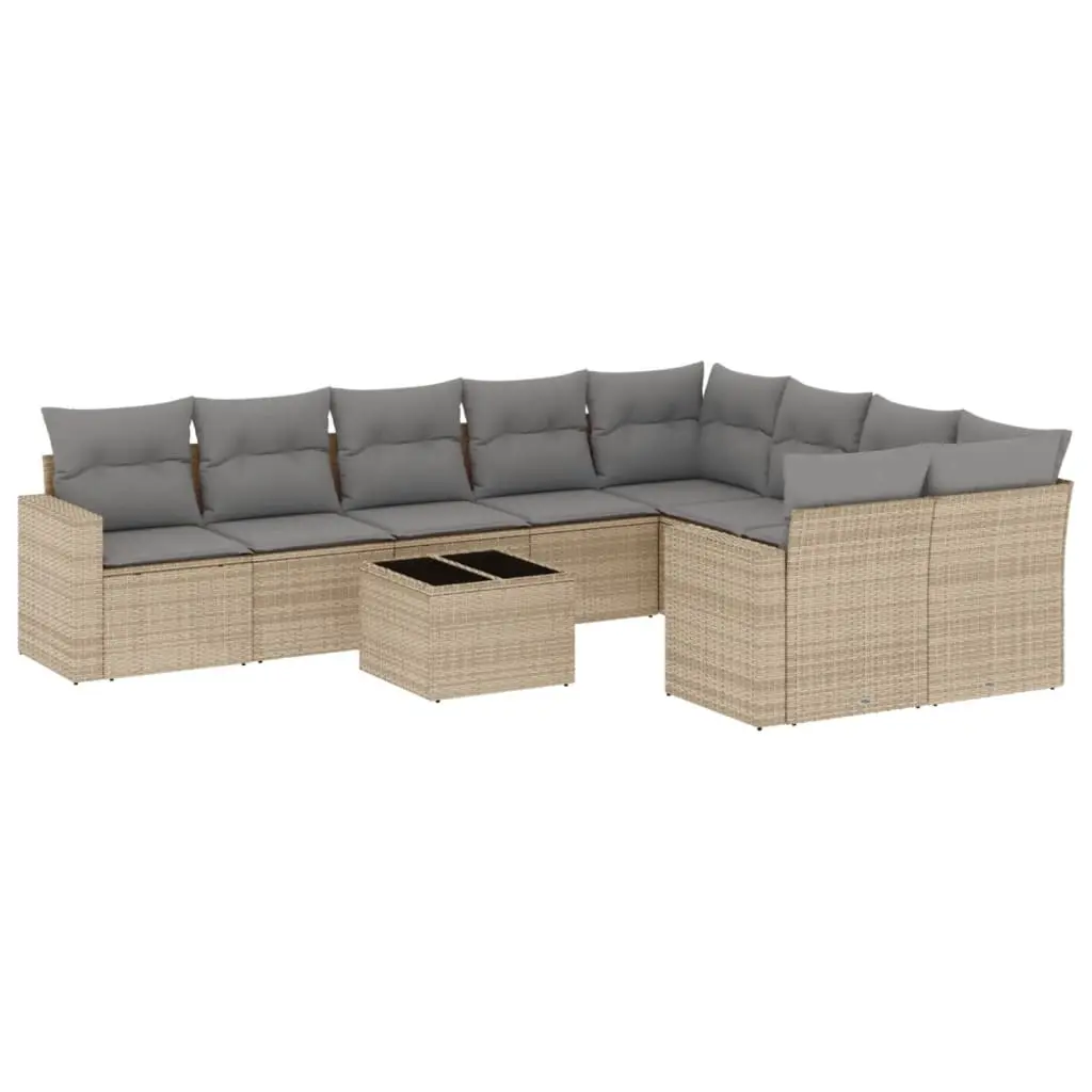 10 Piece Garden Sofa Set with Cushions Beige Poly Rattan 3219439 - Furniture