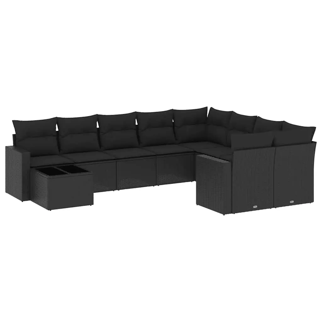 10 Piece Garden Sofa Set with Cushions Black Poly Rattan 3219445 - Furniture