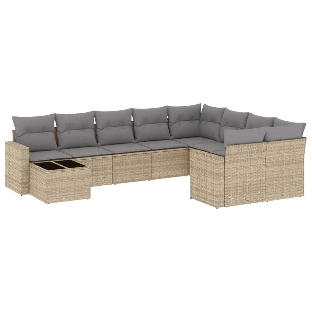 10 Piece Garden Sofa Set with Cushions Beige Poly Rattan 3219449 - Furniture