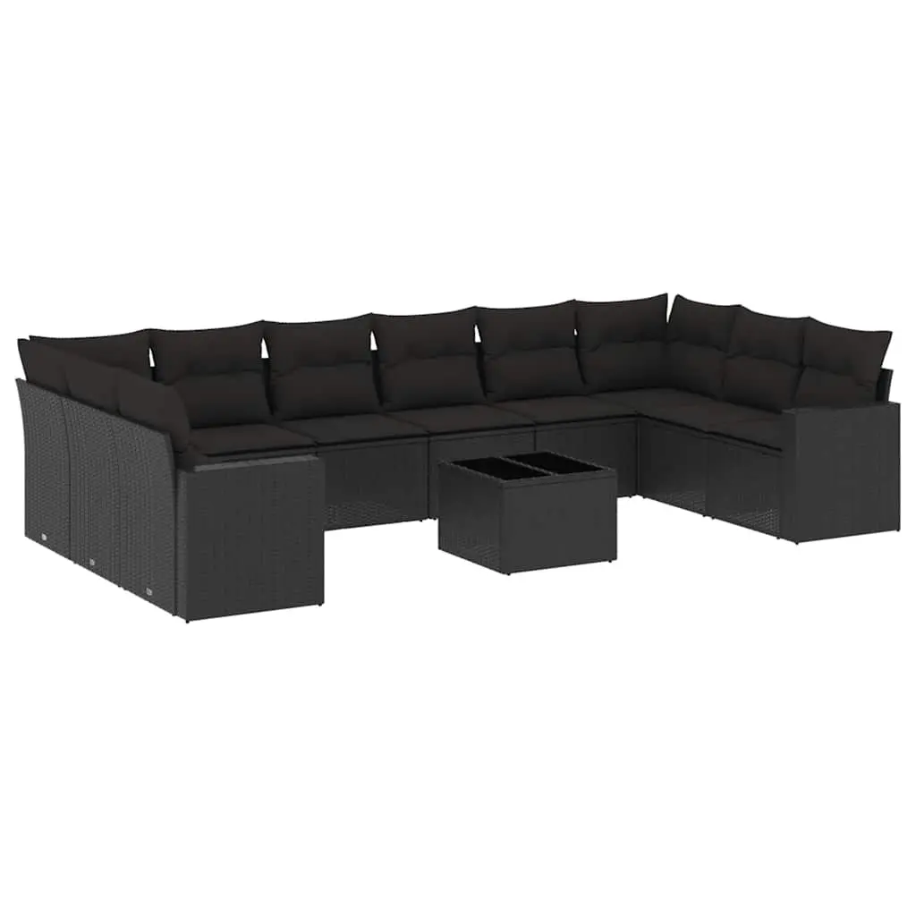 11 Piece Garden Sofa Set with Cushions Black Poly Rattan 3219465 - Furniture