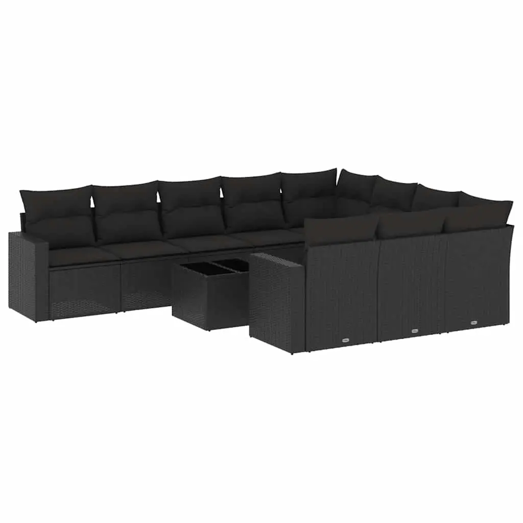 11 Piece Garden Sofa Set with Cushions Black Poly Rattan 3219485 - Furniture