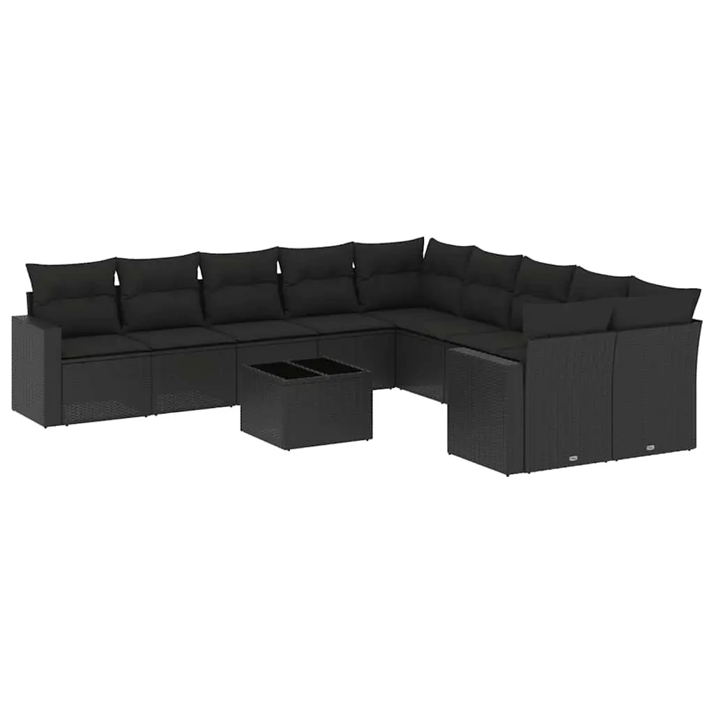 11 Piece Garden Sofa Set with Cushions Black Poly Rattan 3219505 - Furniture