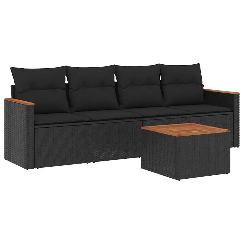 5 Piece Garden Sofa Set with Cushions Black Poly Rattan 3225775 - Furniture