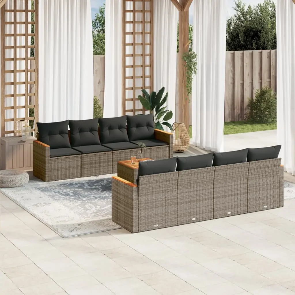 9 Piece Garden Sofa Set with Cushions Grey Poly Rattan 3225822 - Furniture