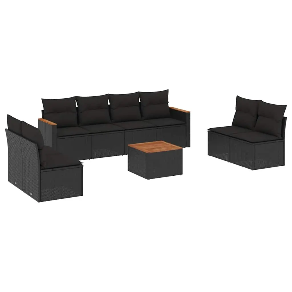 9 Piece Garden Sofa Set with Cushions Black Poly Rattan 3225894 - Furniture