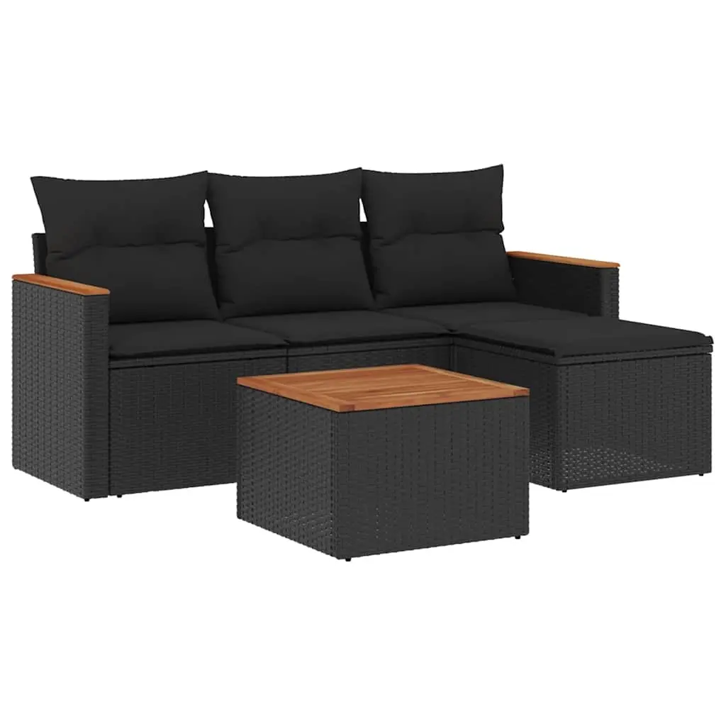 5 Piece Garden Sofa Set with Cushions Black Poly Rattan 3225908 - Furniture