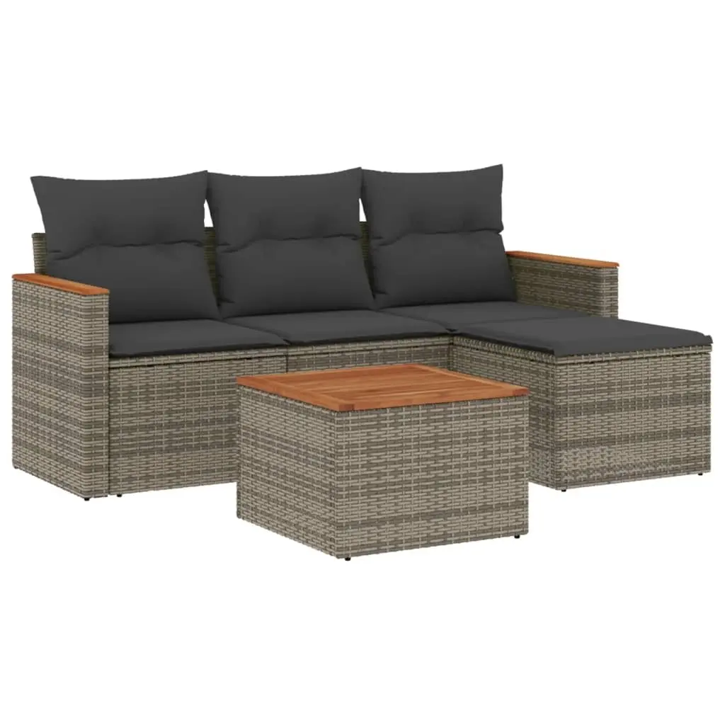 5 Piece Garden Sofa Set with Cushions Grey Poly Rattan 3225913 - Furniture