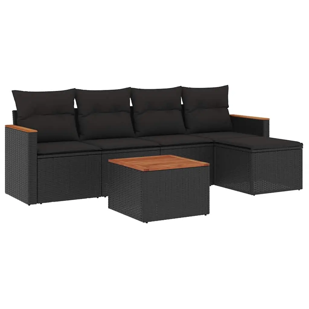 6 Piece Garden Sofa Set with Cushions Black Poly Rattan 3225922 - Furniture