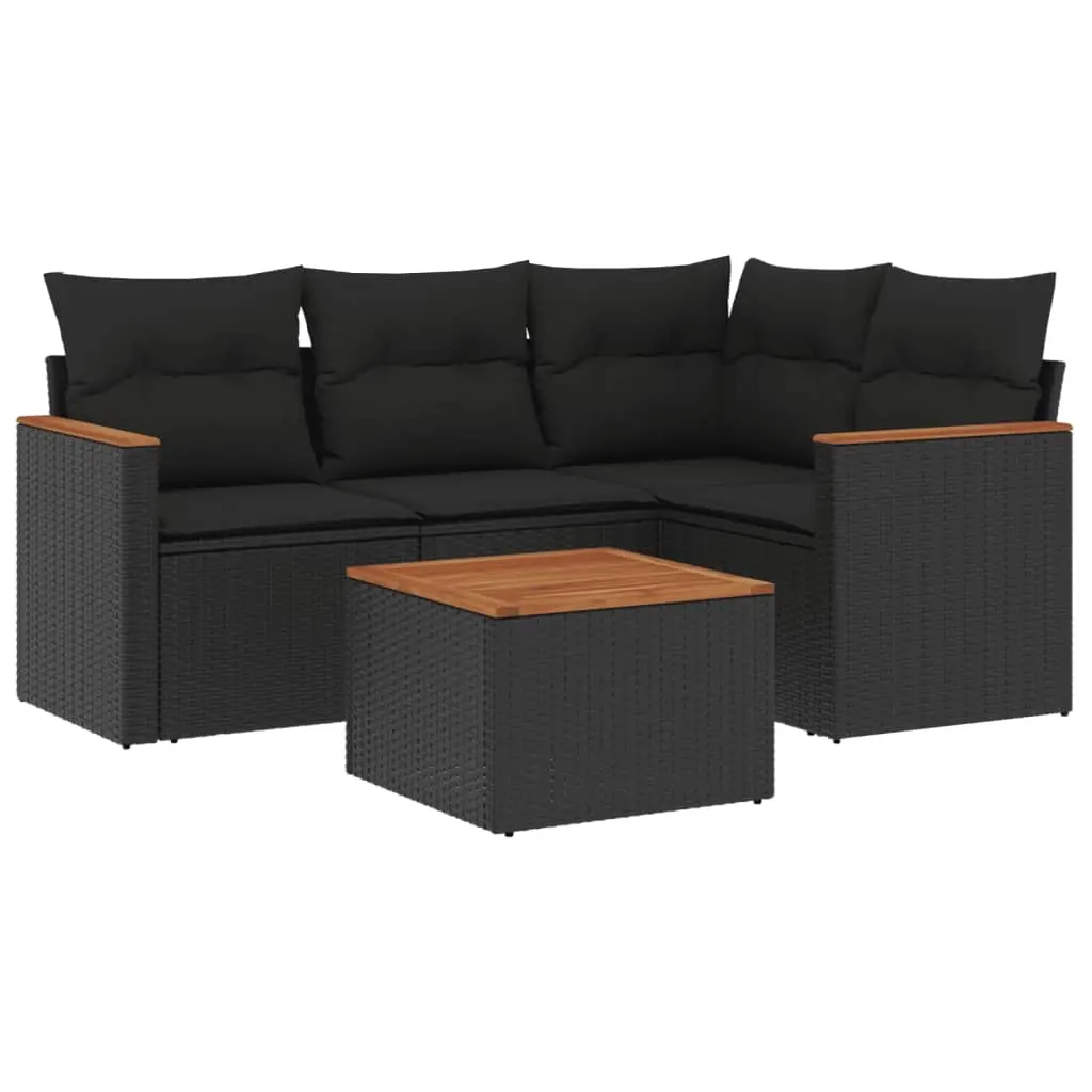 5 Piece Garden Sofa Set with Cushions Black Poly Rattan 3225936 - Furniture