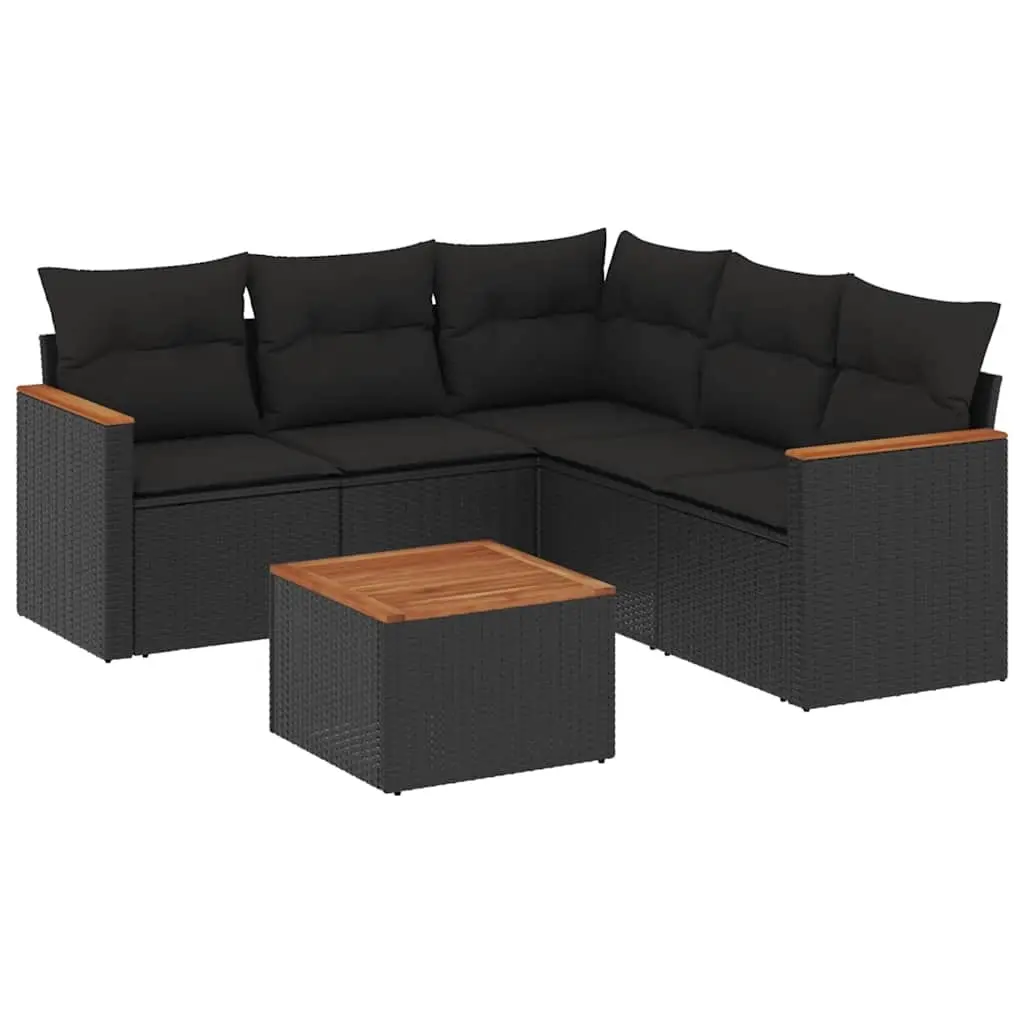 6 Piece Garden Sofa Set with Cushions Black Poly Rattan 3225964 - Furniture