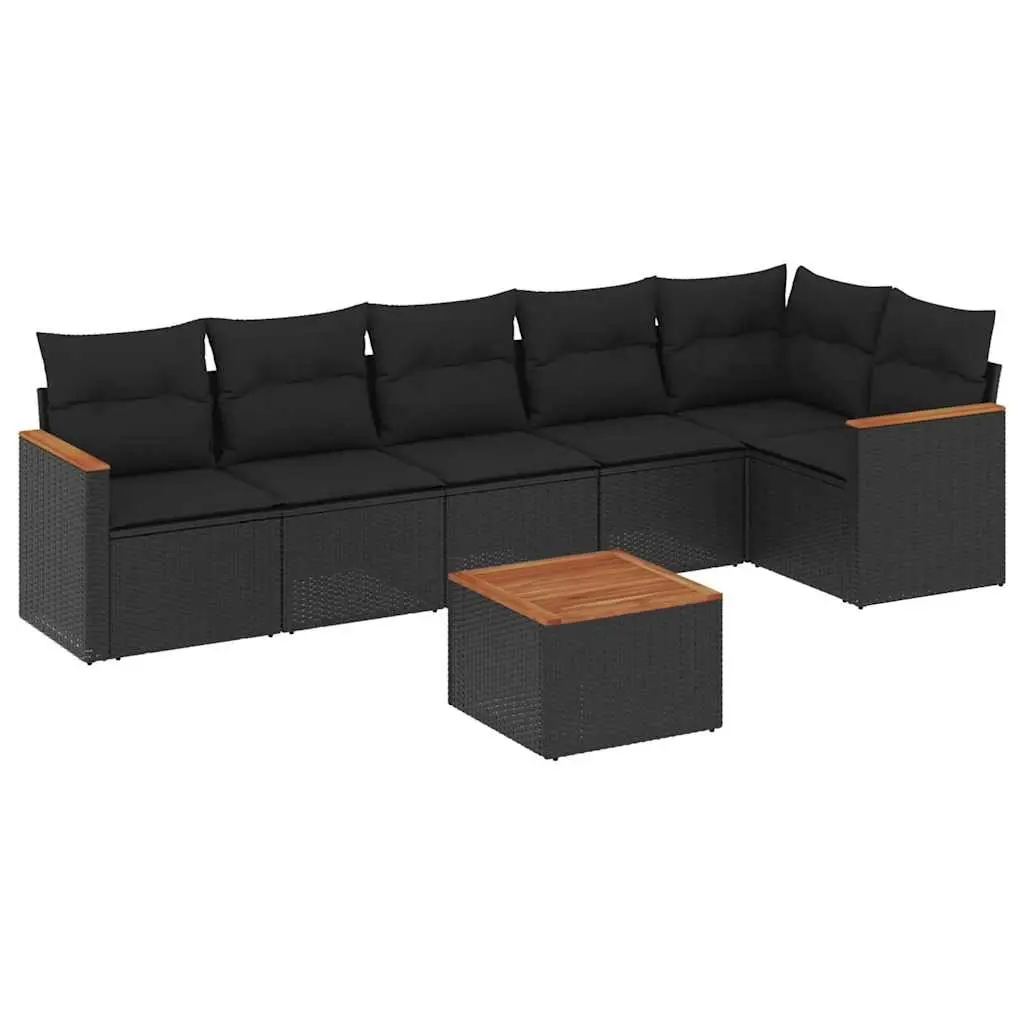 7 Piece Garden Sofa Set with Cushions Black Poly Rattan 3225992 - Furniture