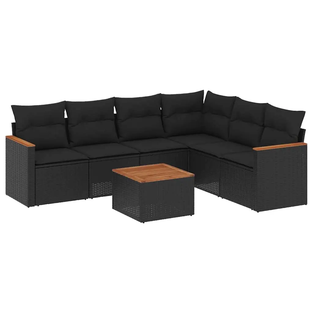 7 Piece Garden Sofa Set with Cushions Black Poly Rattan 3226006 - Furniture