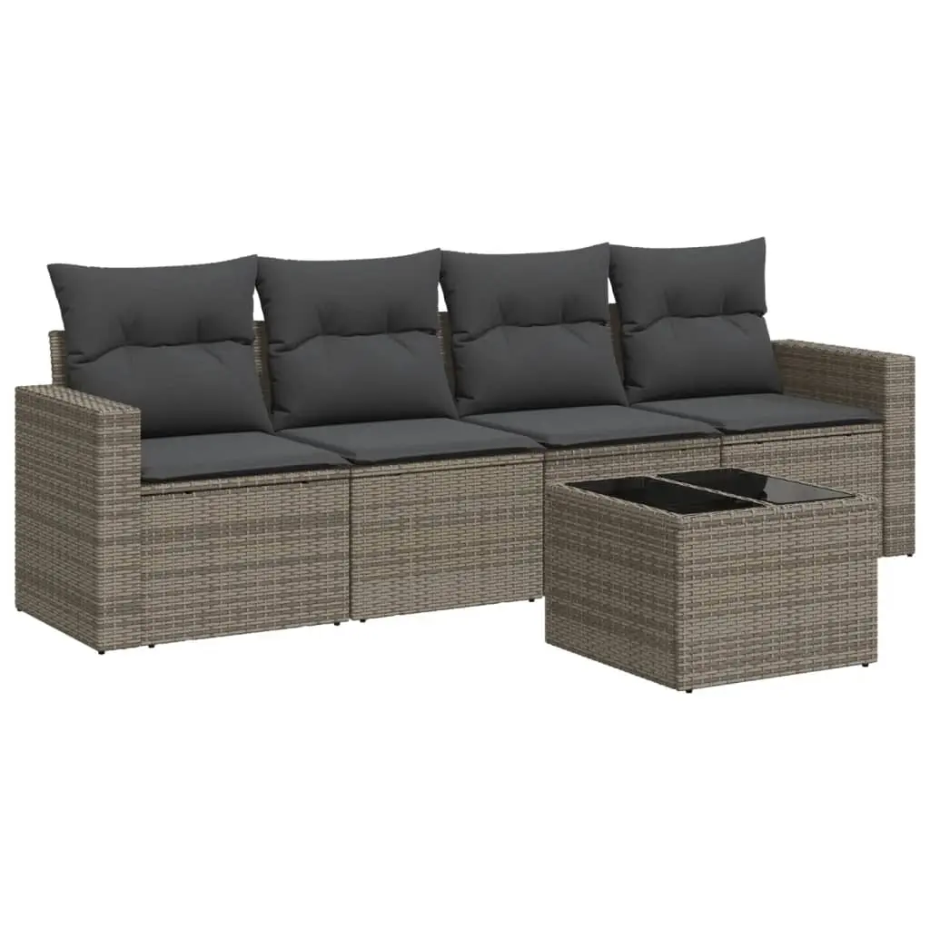 5 Piece Garden Sofa Set with Cushions Grey Poly Rattan 3251027 - Furniture
