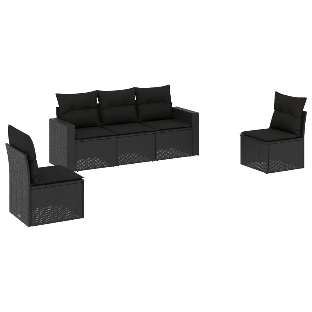5 Piece Garden Sofa Set with Cushions Black Poly Rattan 3251122 - Furniture