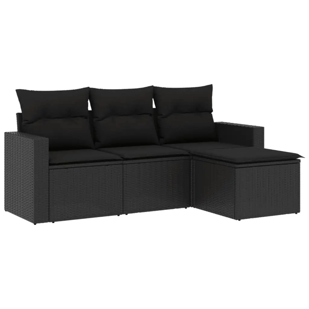 4 Piece Garden Sofa Set with Cushions Black Poly Rattan 3251202 - Furniture