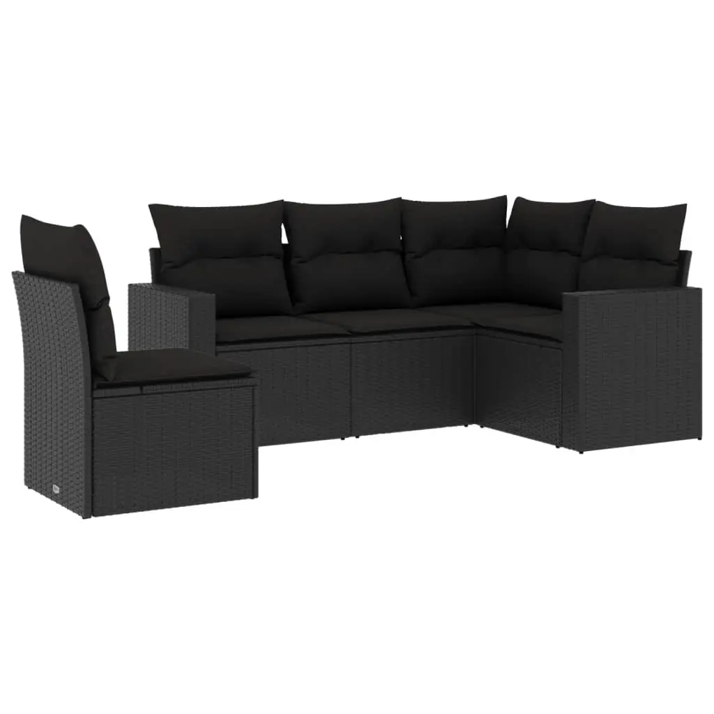 5 Piece Garden Sofa Set with Cushions Black Poly Rattan 3251302 - Furniture
