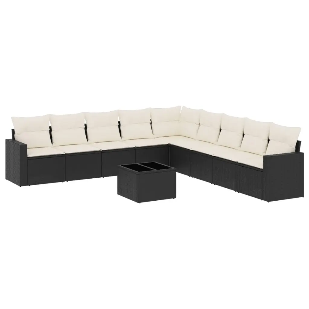 10 Piece Garden Sofa Set with Cushions Black Poly Rattan 3251433 - Furniture
