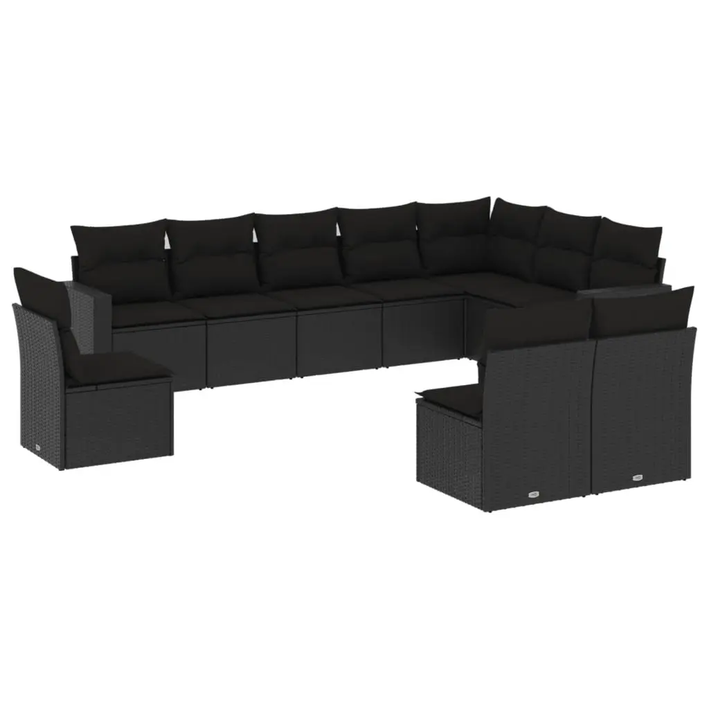 10 Piece Garden Sofa Set with Cushions Black Poly Rattan 3251442 - Furniture