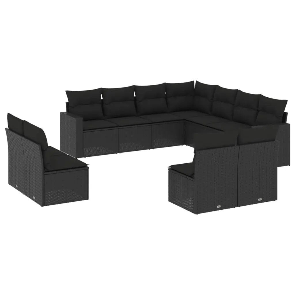 11 Piece Garden Sofa Set with Cushions Black Poly Rattan 3251462 - Furniture