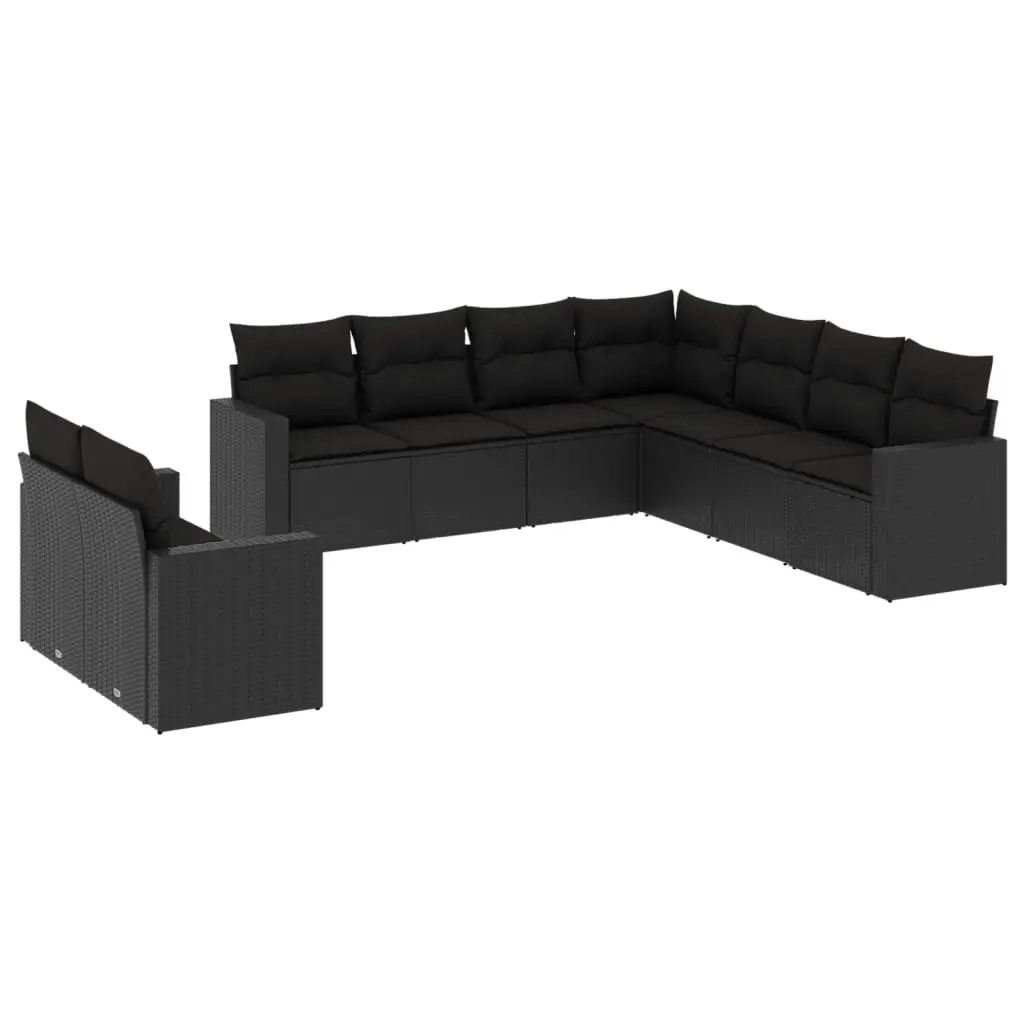 9 Piece Garden Sofa Set with Cushions Black Poly Rattan 3251482 - Furniture