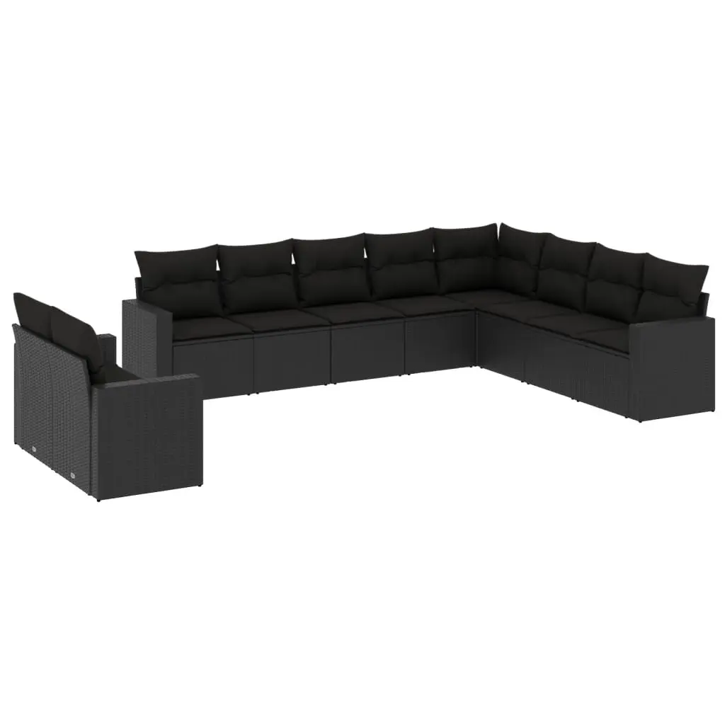 10 Piece Garden Sofa Set with Cushions Black Poly Rattan 3251502 - Furniture