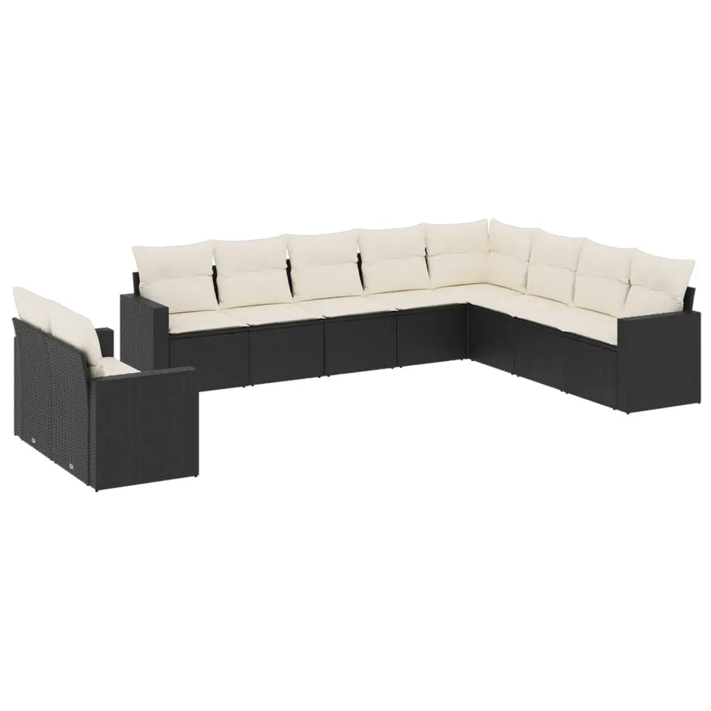 10 Piece Garden Sofa Set with Cushions Black Poly Rattan 3251503 - Furniture